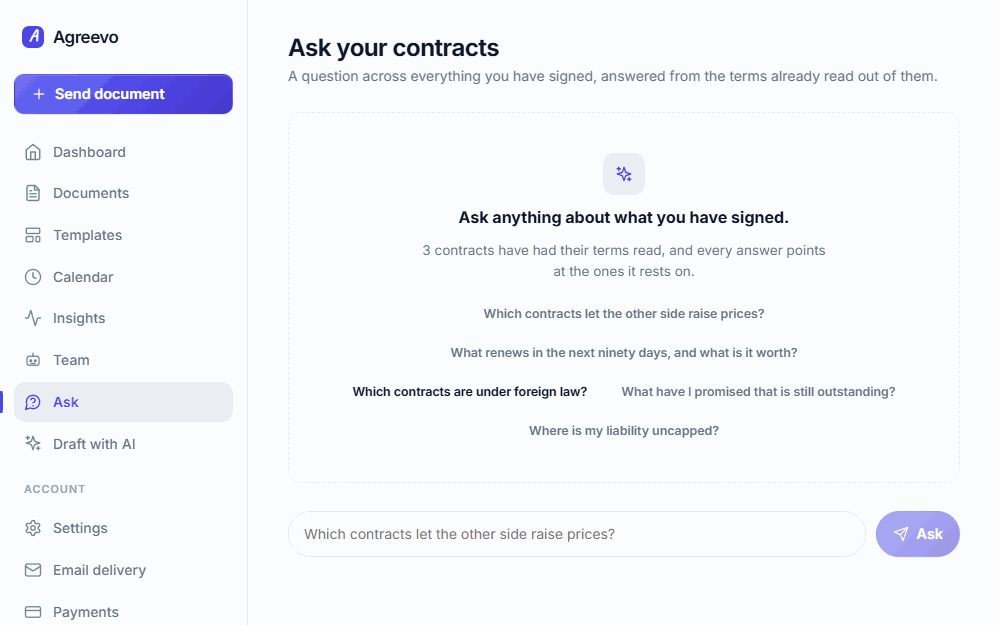 The Ask page: a question typed across every contract, the answer appearing with the contracts it rests on as links, then a follow-up question.